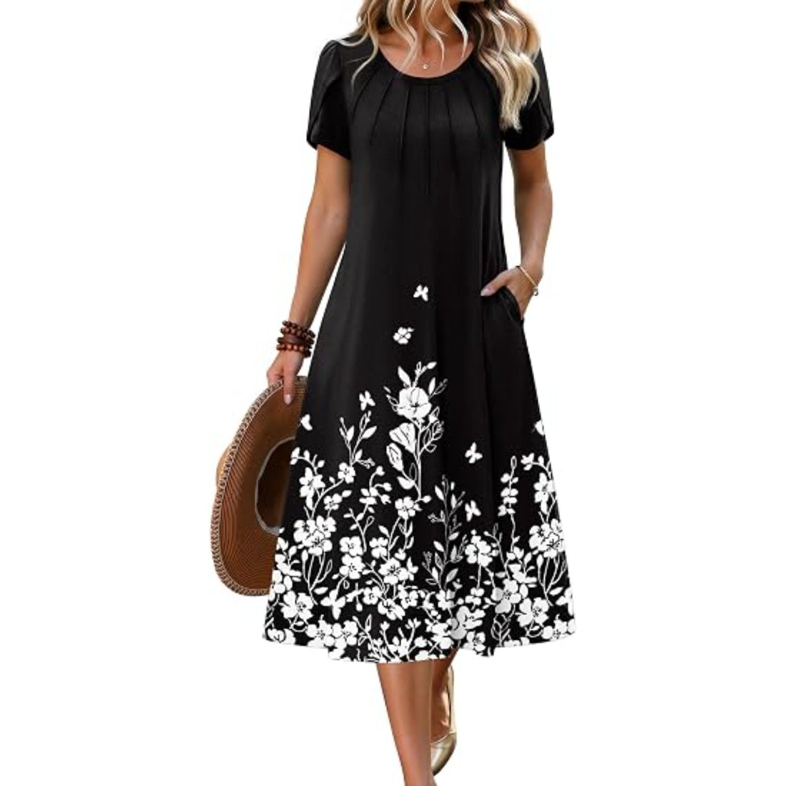 Women's Black Floral Blend Crew-Neck A Line Short Sleeve Flowy Boho Sundress